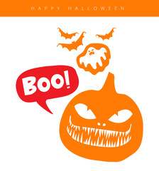 Halloween’s Jack pumpkin with a lettering Boo in a bubble, bats and ghost