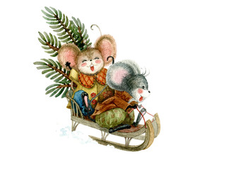 Obraz na płótnie Canvas Cute mouse sleigh ride with a festive spruce branch. Watercolor christmas illustration