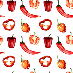 watercolor illustration.hand painting. seamless pattern of red peppers, pieces and halves of pepper.