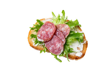 Sandwich with sausage, cottage-cheese and salad  on a white background.