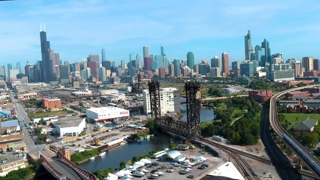 Chicago,Illinois/USA-September 19st, 2019: aerial drone footage of the Chicago metropolitan downtown area near Chinatown.  a beautiful skyline on display as the Chicago river outline the scene