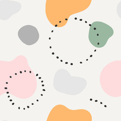 Contemporary vector modern ethnic abstract art background. Colorful circles and stamp spots with dots abstraction, trendy flat hand drawn illustration, seamless repeat pattern decoration.