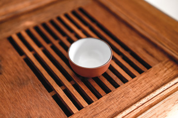 Chinese tea service on a wooden bamboo table