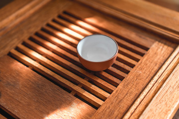 Chinese tea service on a wooden bamboo table