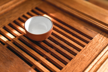 Chinese tea service on a wooden bamboo table