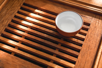 Chinese tea service on a wooden bamboo table