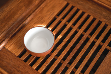 Chinese tea service on a wooden bamboo table