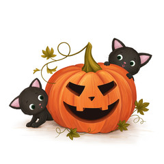 Kittens play with Halloween pumpkin