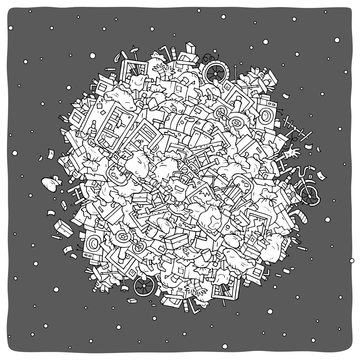 Planet littered with household rubbish, trash bags and broken junk flying in space among stars, black and white outline vector illustration