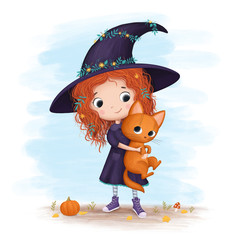 Little witch holding a cat