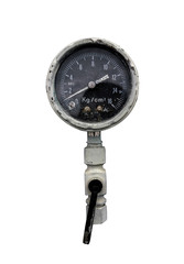 Close-up Old Pressure gauge, manometer  on pneumatic control system  Isolated On white Background