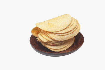 Group of potato chips isolated on white background.