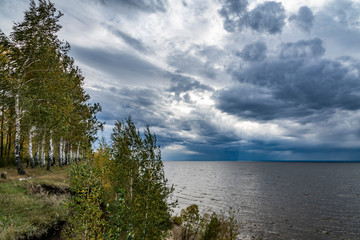 nature, landscape, beauty, early, autumn, cloudy, day, sky, clouds, space, distance, horizon, river, water, shore, cliff, trees, birch, grove, grass, path, bad weather, bad weather, element, wind, res