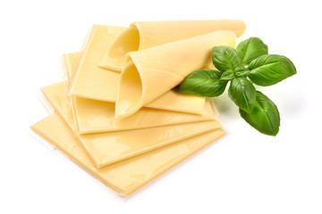 Creamy processed cheese slices, isolated on white background