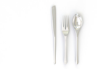 Fork, spoon and knife isolated on white background. 3d realistic metal cutlery set.