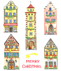 Watercolor cute houses set. Illustration of a  house-chalet, half-timbered house, house in Europe  and christmas decoration on a white background.