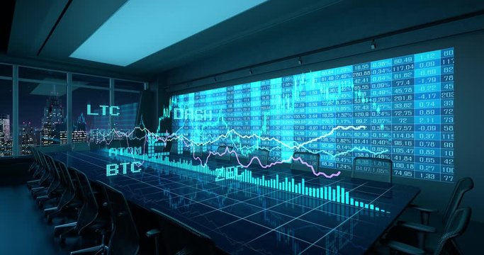 Animated Blue Charts Financial Stats on Table in Night Office Interior. Cryptocurrency Bitcoin Exchange trading Gambling concept 4K video 3D rendering. 10 sec intro and 10 sec loop.