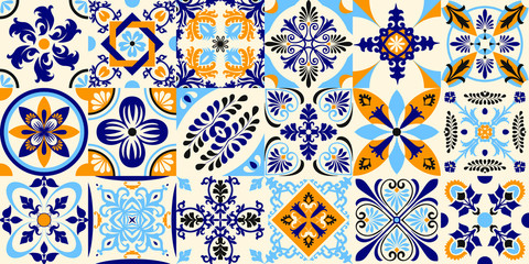 Talavera pattern. Indian patchwork. Azulejos portugal. Turkish ornament. Moroccan tile mosaic. Ceramic tableware, folk print. Spanish pottery. Ethnic background. Mediterranean seamless wallpaper. - obrazy, fototapety, plakaty