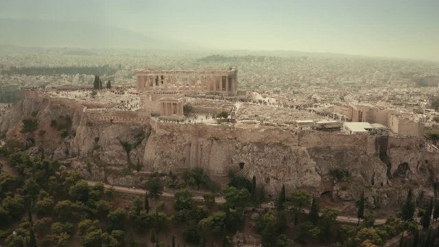 Aerial hyperlapse of the famous ancient Greek temple Parthenon on Acropolis of Athens, the main landmark of Greece