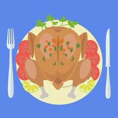 Flat design colored vector illustration of a roasted chicken on plate isolated