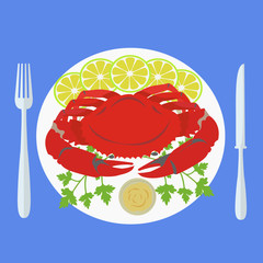 Vector illustration of a crab on plate with garnish