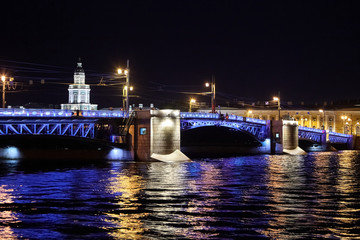 Fototapeta na wymiar Palace Bridge across the Neva River. Cityscape with Kunstkamera building. Night city lights, ripples, colorful reflection in water. Saint Petersburg, Russia