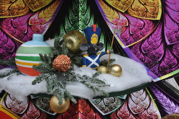 christmas decorations on wooden background