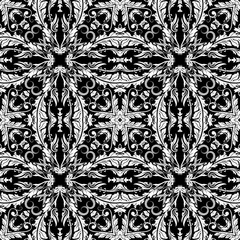 Black and white Baroque vecor seamless pattern. Monochrome ornamental leafy background. Floral repeat backdrop. Vintage flowers, leaves. Antique style ornaments. Ornate template for fabric, prints.