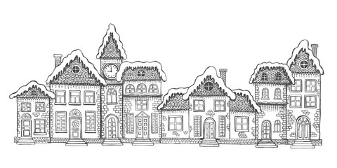 Naklejka premium vIllustration of houses. Christmas Greeting card. Set of hand drawn buildings.