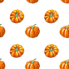 Watercolor seamless pattern with leaves, branches and pumpkins isolated on white background. Hand painted illustration for design kitchen, bio food, menu, healthy eating, textiles, market.
