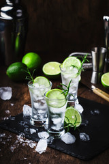 Classic gin tonic cocktail with lime, ice and rosemary. Vintage bar, bar tools. With copy space
