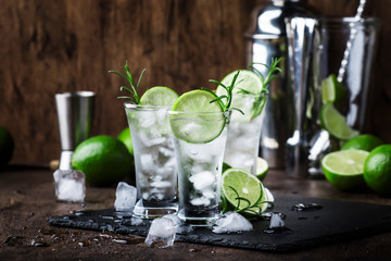 Classic gin tonic cocktail with lime, ice and rosemary. Vintage bar, bar tools. With copy space