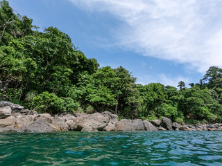 Flussfahrt in Malaysia, im Hintergrund der Dschungel