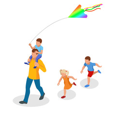 Isometric happy family father and child daughter launch a kite on nature. Outdoor, playing with wind toy on weekend, vacation, holiday.