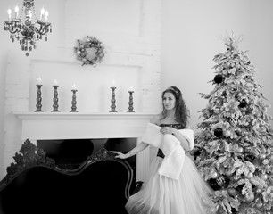 stunning black and white portrait beautiful girl like Cinderella in a Christmas fairy tale stands...