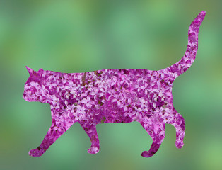 Silhouette of a cat made of purple lilac flowers.