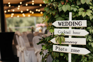 Sign for guests to help them to find the place of wedding, photo zone, cocktails, ceremony made...