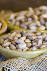 Clay bowls with dried pistachio nuts close up
