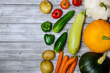 Fresh farmers selling vegetables from above with copy space.Pumpkin