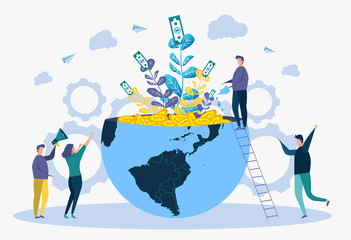People grow money in the form of flowers from the hemisphere of the planet. Colorful vector illustration.