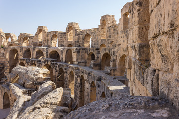 Impressive ancient Roman amphitheater El Jem in Tunisia, Africa,  World Heritage Site, one of the biggest in the world still standing after recent terrorist attack 
