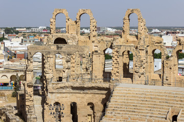 Impressive ancient Roman amphitheater El Jem in Tunisia, Africa,  World Heritage Site, one of the biggest in the world still standing after recent terrorist attack 