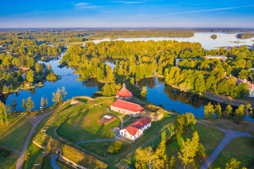 Russian landscape from a height. View of the ancient fortress in Priozersk. Korela Fortress....