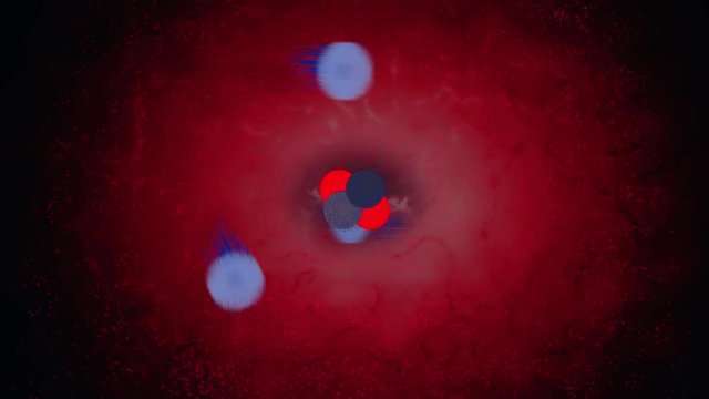 Two protons and two neutrons together in the nucleus of an atom and three electrons orbiting around it and a red electric background