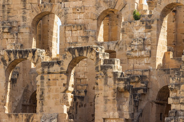 Impressive ancient Roman amphitheater El Jem in Tunisia, Africa,  World Heritage Site, one of the biggest in the world still standing after recent terrorist attack 