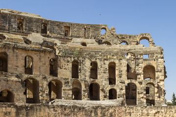 Impressive ancient Roman amphitheater El Jem in Tunisia, Africa,  World Heritage Site, one of the biggest in the world still standing after recent terrorist attack 