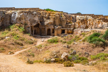 Island of Cyprus. Ancient ruins in Paphos city. Carved in stone tombs of ancient kings....
