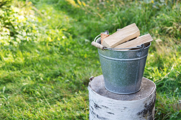 The bucketful of the firewood on the birchen log against a background green plant