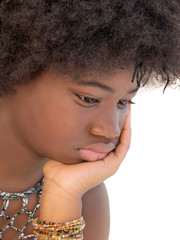 ait of a teenager girl with kinky hair, sulky pout, side view, isolated, white background 
