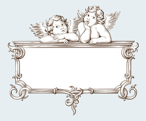 Vintage border frame engraving with Baroque ornament pattern and cupid